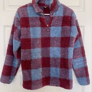 Eddie Bauer Plaid Fleece Women Quarter-Zip Sweater - Red and Blue - Teddy Fabric